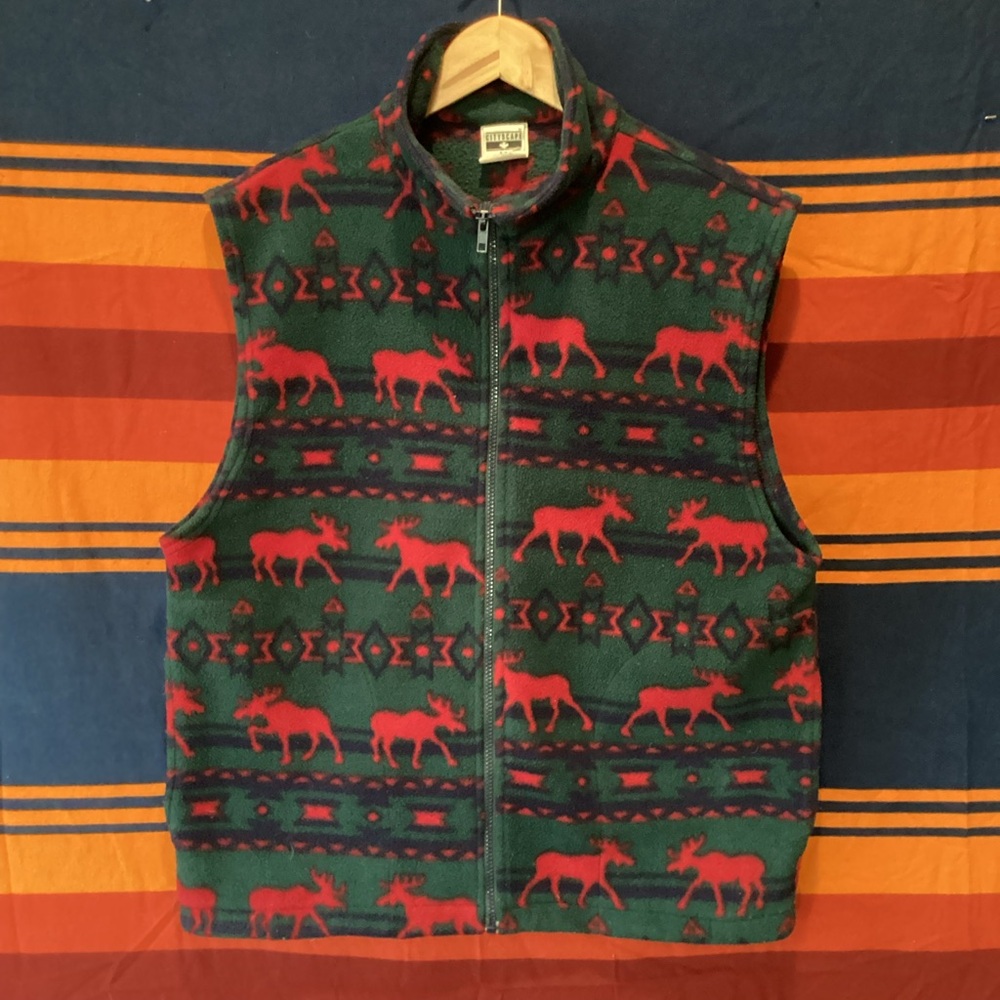 Vinegar Cityscape holiday moose fleece vest made in Canada